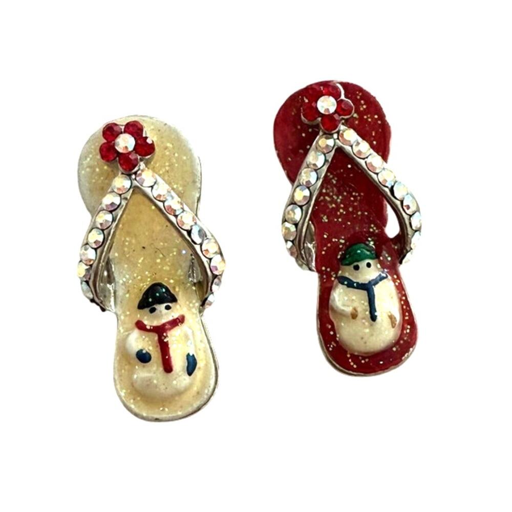 NWT 2 Christmas Snowman Flower Crystal Flip Flop Silver Plated Pendant Charm